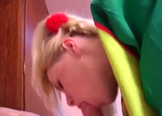 Blonde teen sucking cock on all fours